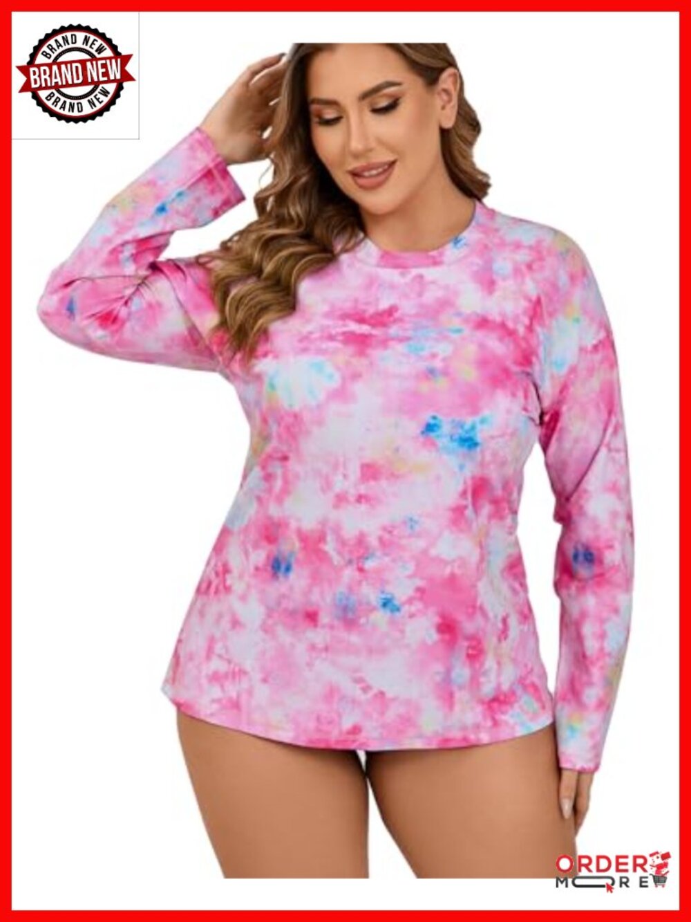 Plus Size Long Sleeve Rash Guard Swim Top with Built in Bra UPF50+ Loose Fit